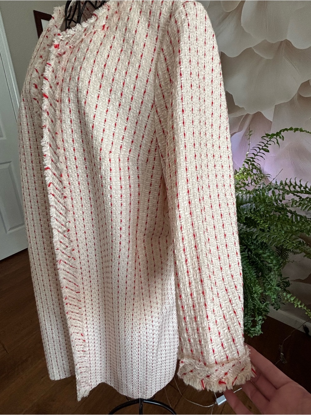 Anne Klein Soft Pink Textured Long Coat with Subtle Red Accents - Picture 6 of 16